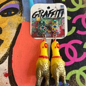 Graffiti Chicken Earrings with Hamsa Charm
